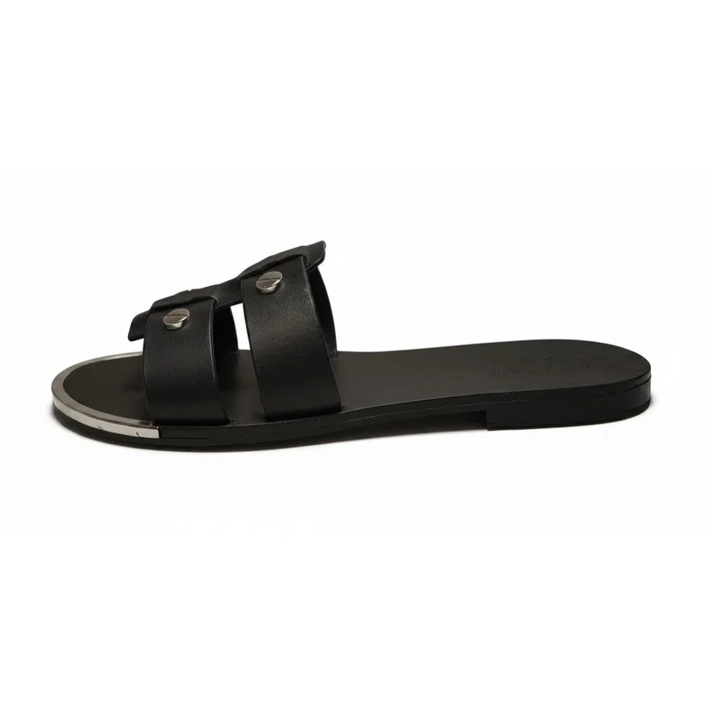 DKNY Glynn Black Leather Studded Slide Sandals Slip On Flats Womens Size 7.5 New